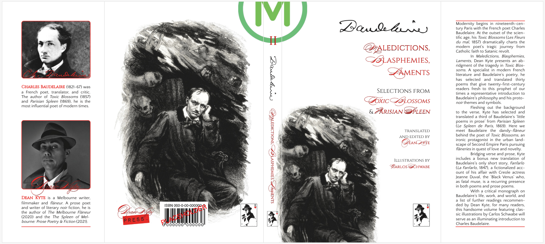 The design of the glossy dust jacket for “The Melbourne Edition” of “Maledictions, Blasphemies, Laments” by Charles Baudelaire, translated and edited by Dean Kyte.